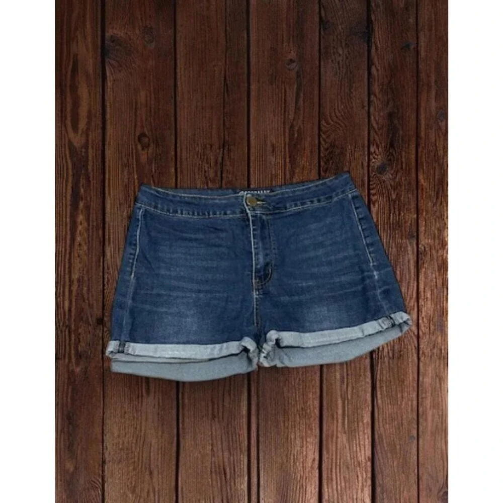 Womens XL Dark Wash Blue Cuffed Denim Jean Shorts Mid‎ Rise Stretch Country Farm